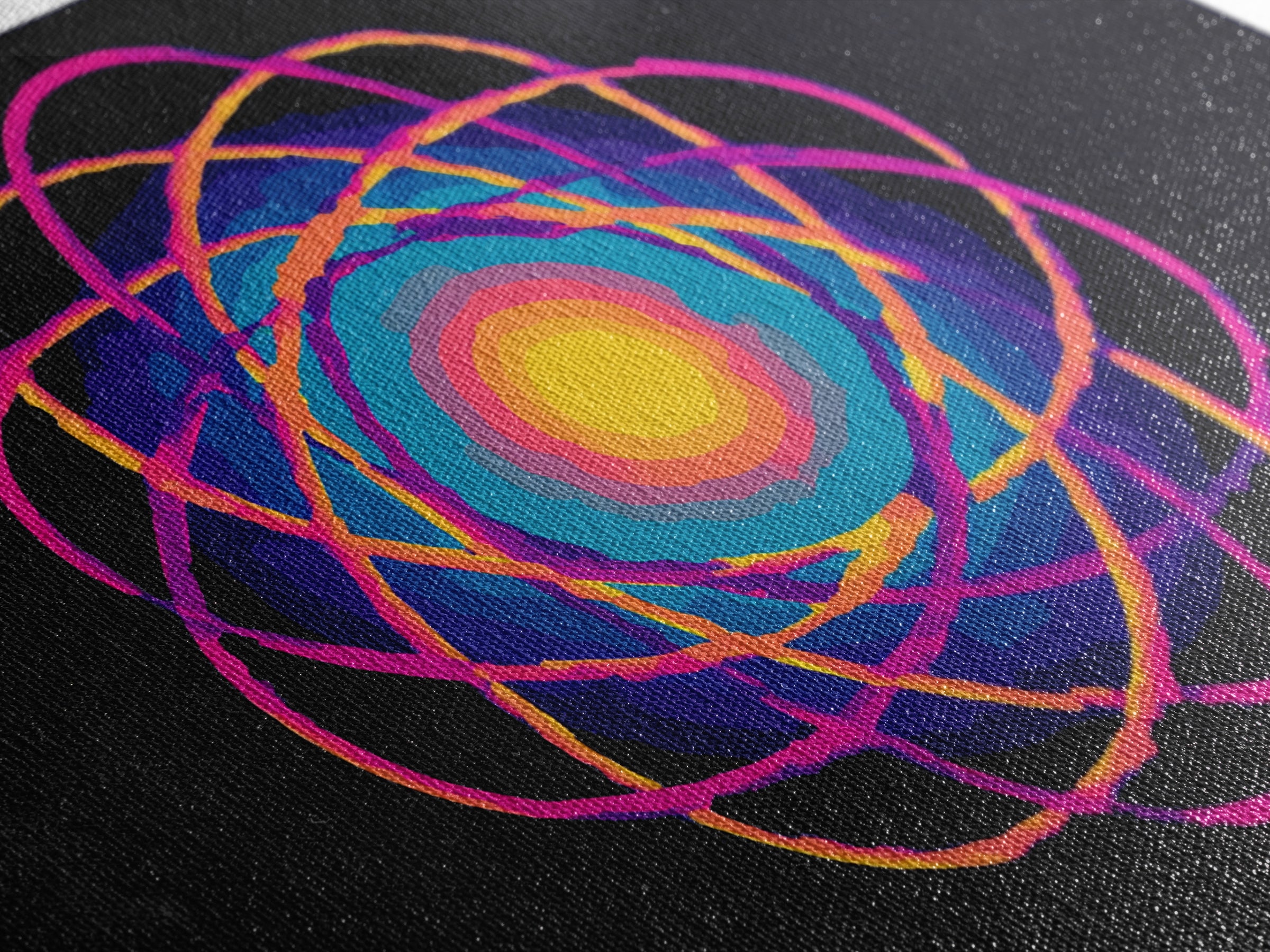Glowing Rainbow Atom On Navy Framed Canvas Print, Bright Abstract Art, Modern Wall Art, Colorful Sci Fi Retro Poster Print