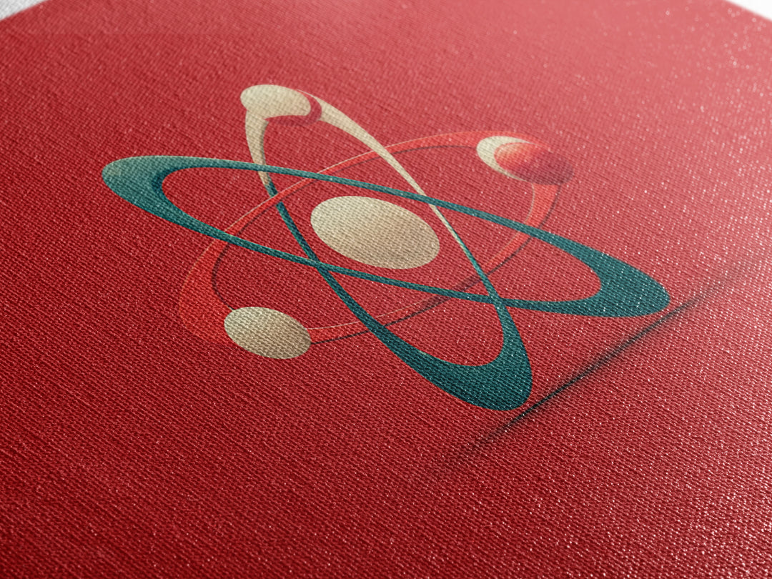 Minimal 3D Atom Sculpture On Red Canvas Print, Midcentury Modern Art, Retro Science Poster, Modern Wall Decor Gift For Him