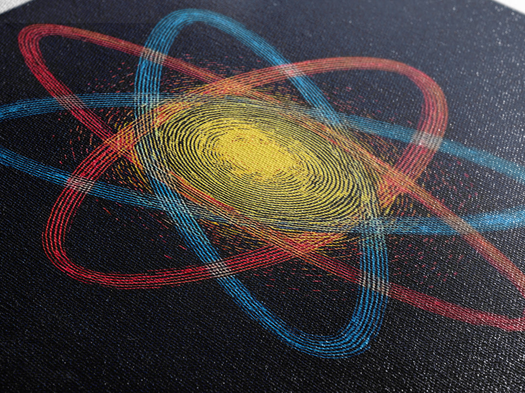 Etched Yellow Atom On Dark Blue Canvas Print, Atomic Retro Art, Midcentury Wall Art, Space Abstract Art For Office Decor
