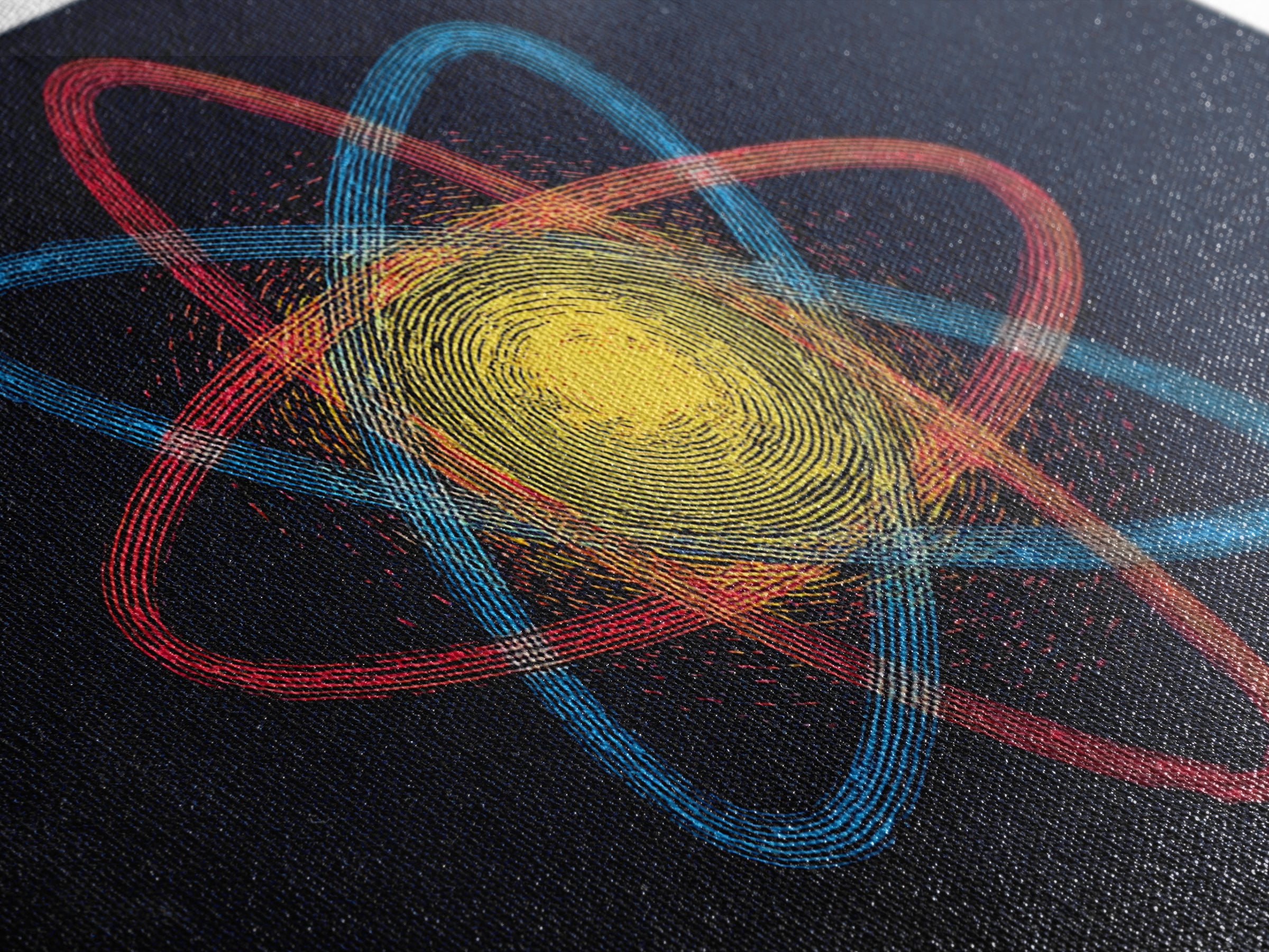Etched Yellow Atom On Dark Blue Canvas Print, Atomic Retro Art, Midcentury Wall Art, Space Abstract Art For Office Decor