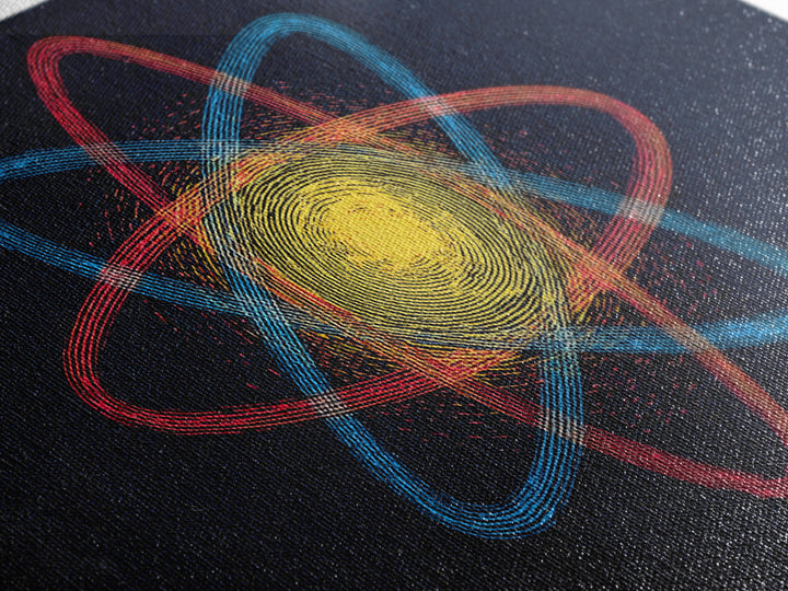Etched Yellow Atom On Dark Blue Canvas Print, Atomic Retro Art, Midcentury Wall Art, Space Abstract Art For Office Decor