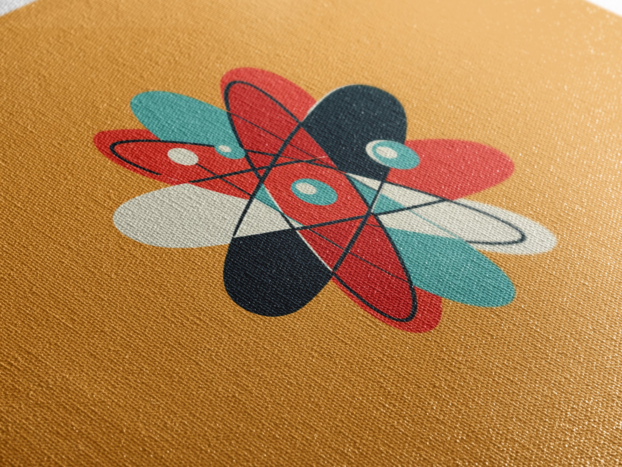 Flat Atomic Flower On Mustard Wall Art, Midcentury Modern Art, Geometric Poster, Retro Wall Decor For Kids Room And Nursery