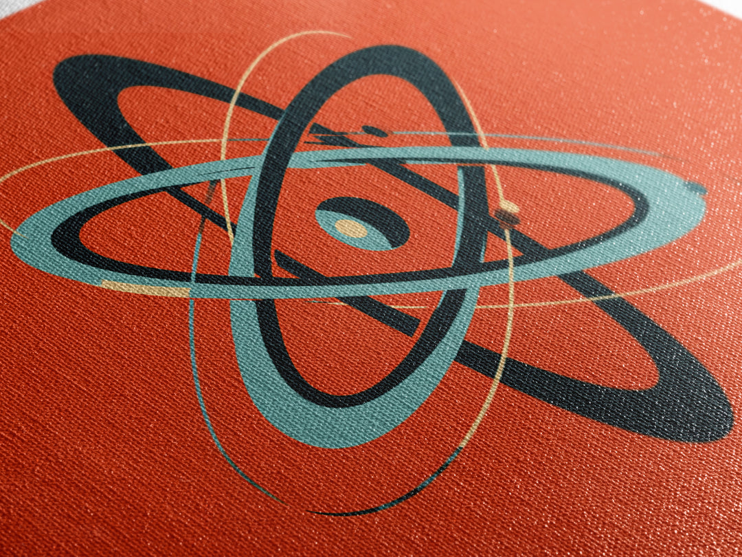 Teal Black Atomic Orbit On Orange Framed Canvas Print, Retro Modern Poster, Midcentury Wall Art, Bold MCM Wall Decor Art