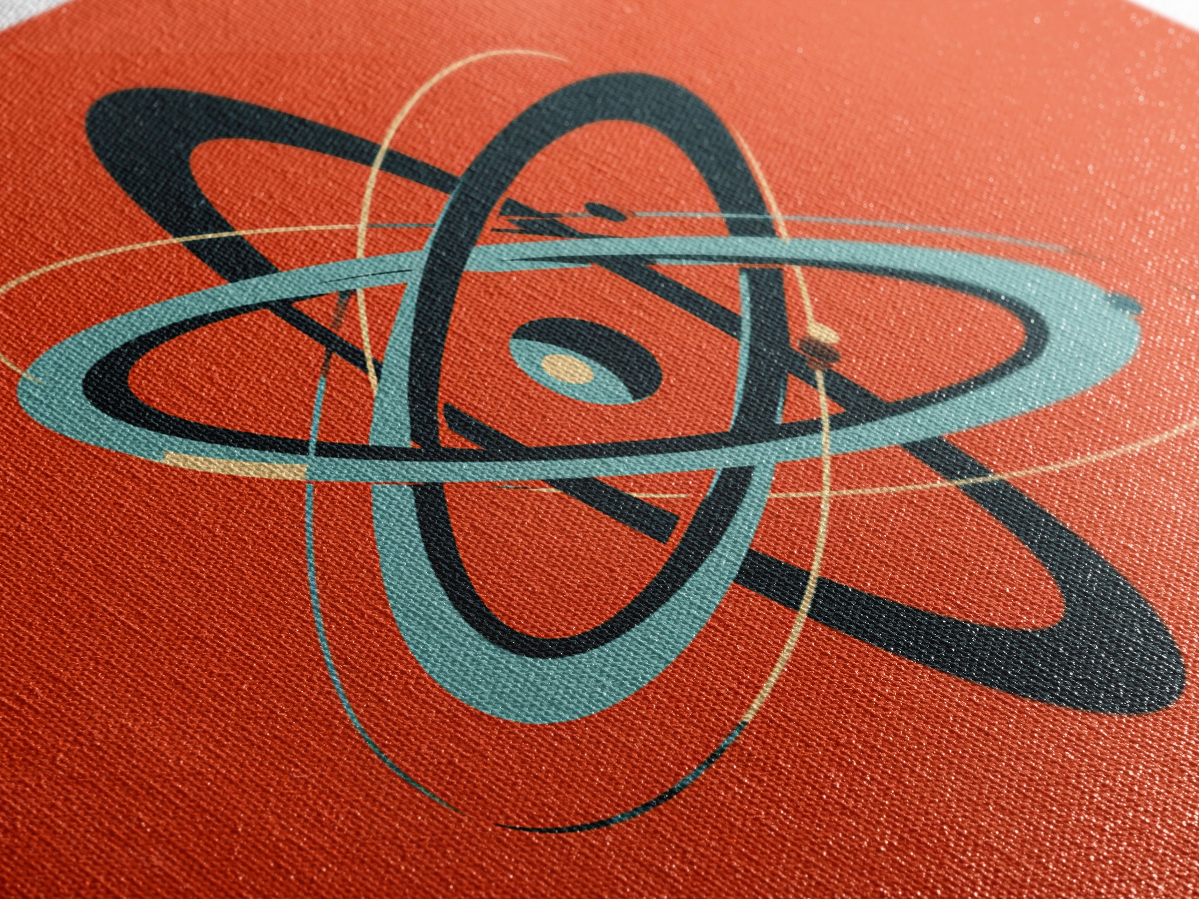 Teal Black Atomic Orbit On Orange Framed Canvas Print, Retro Modern Poster, Midcentury Wall Art, Bold MCM Wall Decor Art