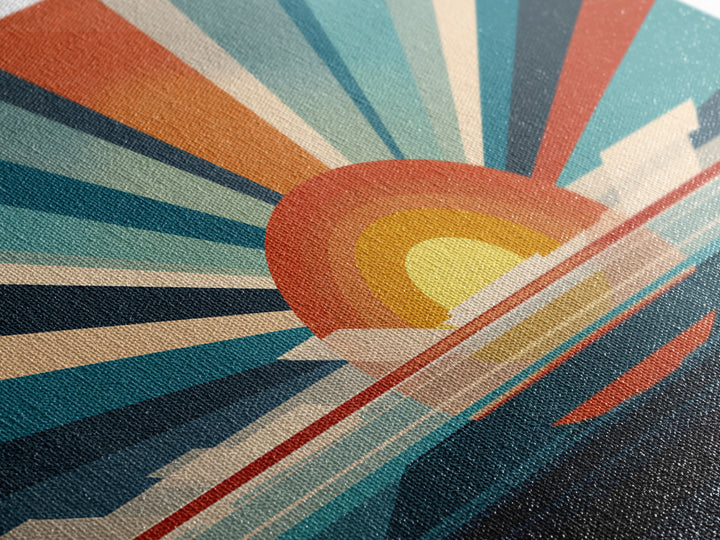 Retro Radial Sunrise Ocean Framed Canvas Print, Midcentury Modern Wall Art, Teal Orange Poster, Atomic MCM Decor, Living Room Art