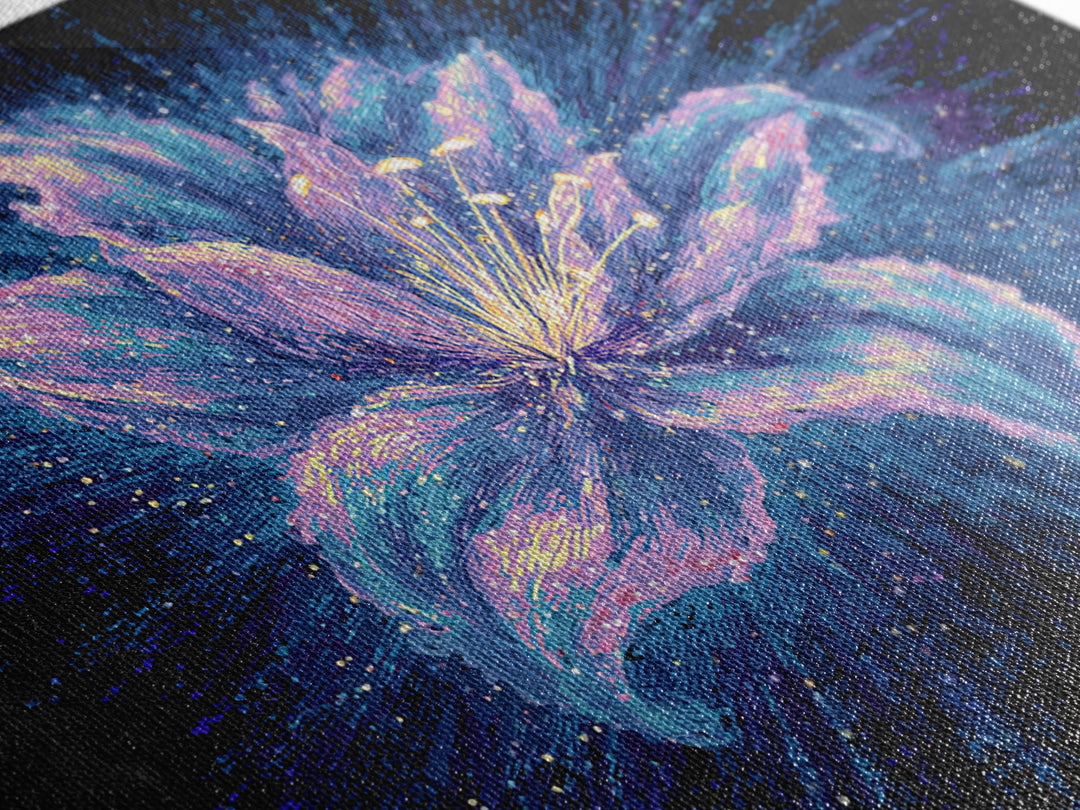 Electric Purple Lily Canvas Print, Glowing Botanical Flower, Cosmic Floral Wall Decor, Modern Abstract Art For Bedroom Decor