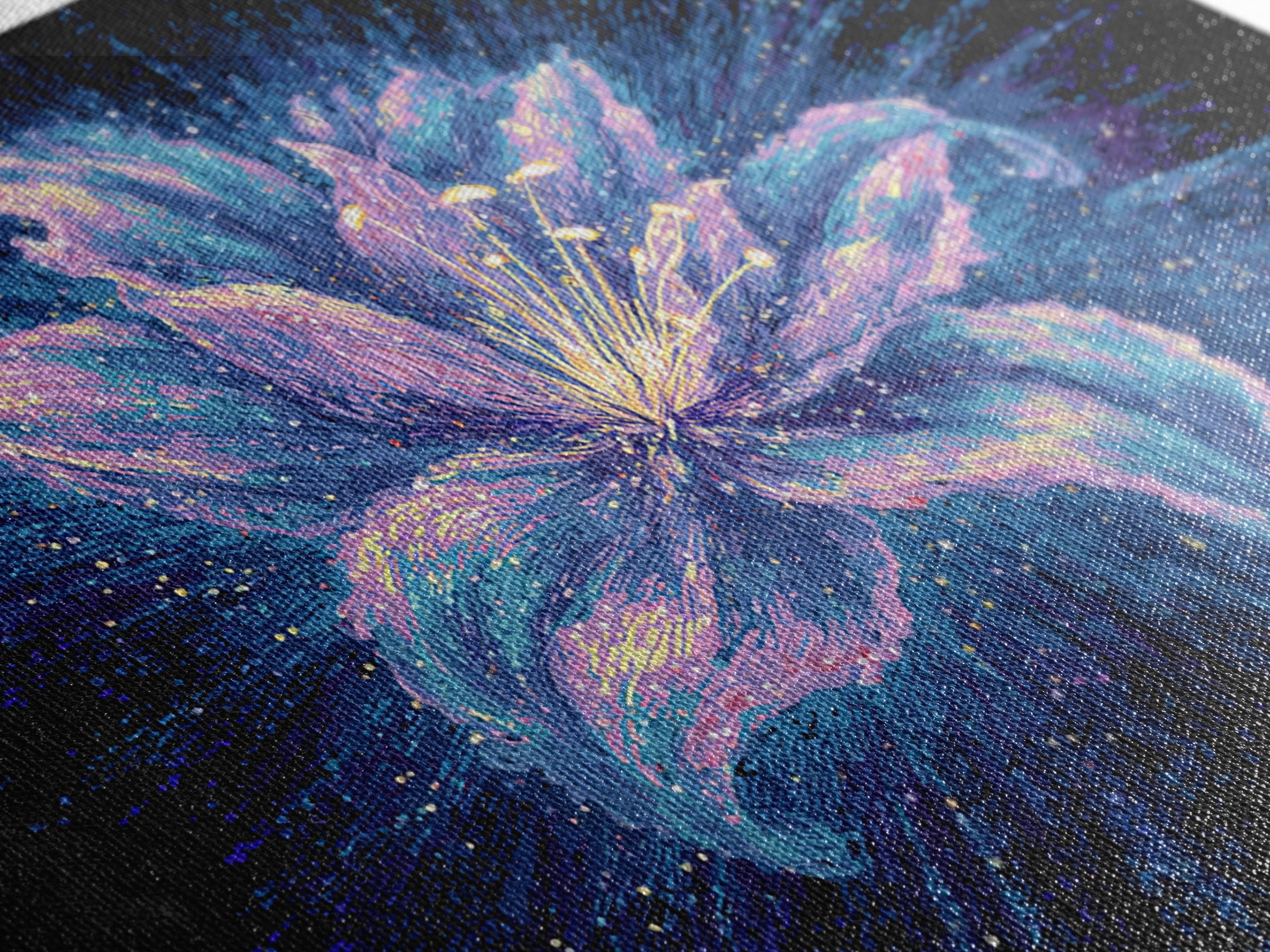 Electric Purple Lily Canvas Print, Glowing Botanical Flower, Cosmic Floral Wall Decor, Modern Abstract Art For Bedroom Decor