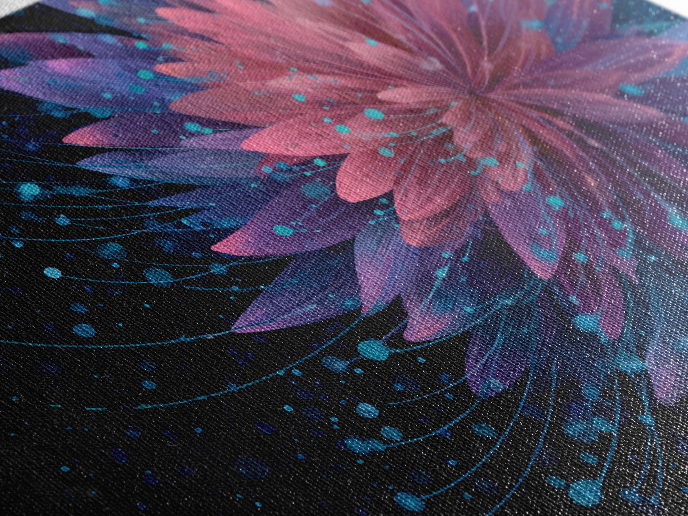 Magenta Purple Dahlia Wall Art, Electric Floral Abstract, Blue Splatter Botanical Poster, Modern Home Decor Canvas Print