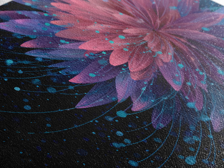Magenta Purple Dahlia Wall Art, Electric Floral Abstract, Blue Splatter Botanical Poster, Modern Home Decor Canvas Print