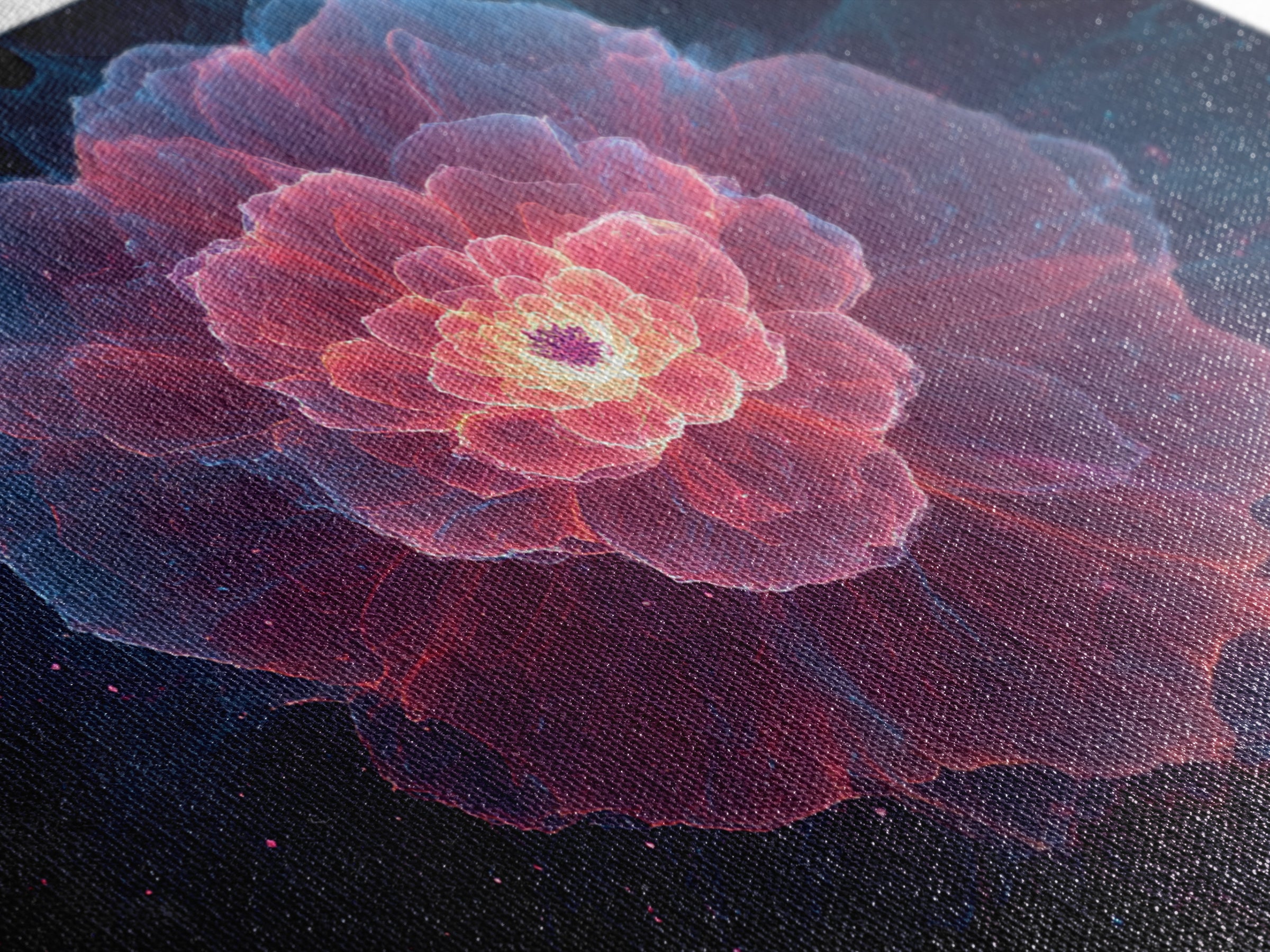Glowing Pink Peony Canvas Print, Luminous Blue Floral Mandala, Modern Abstract Botanical Wall Art, Romantic Bedroom Decor