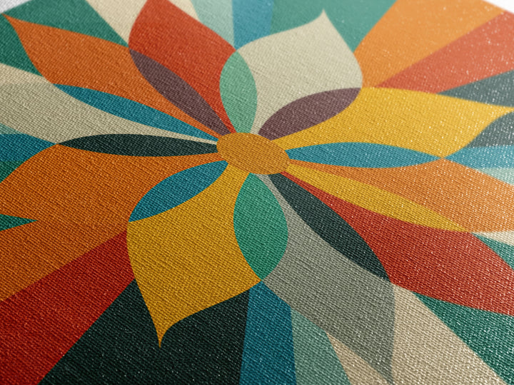 Geometric Orange Teal Flower Wall Art, Mid Century Modern Sunburst, Retro Atomic Floral Poster, Bold MCM Canvas Print Decor