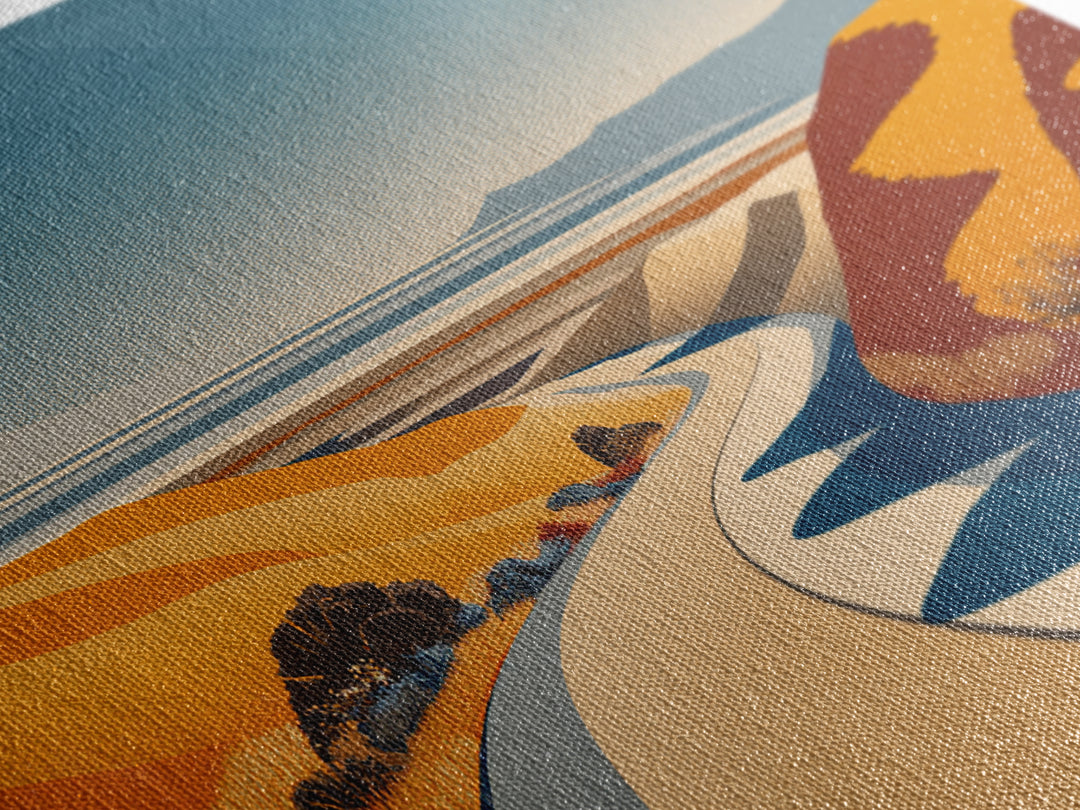 Golden Coastal Road And Orange Hills Wall Art, Midcentury Modern Desert Landscape, Retro Travel Poster, Scenic Home Decor