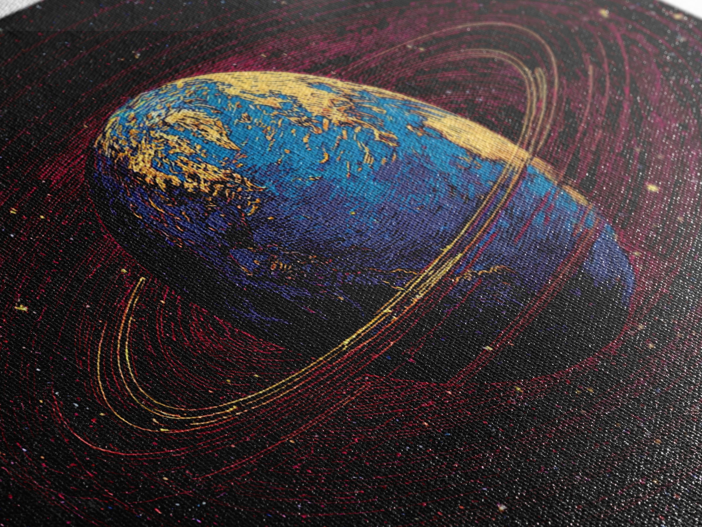 Blue Earth With Golden Rings Wall Art, Cosmic Abstract Space Poster, Modern Digital Art Print, Galaxy Home Office Decor Gift