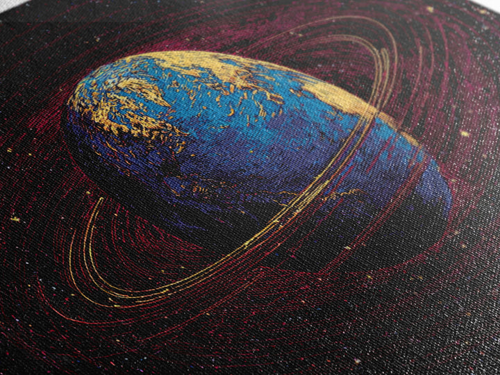 Blue Earth With Golden Rings Wall Art, Cosmic Abstract Space Poster, Modern Digital Art Print, Galaxy Home Office Decor Gift