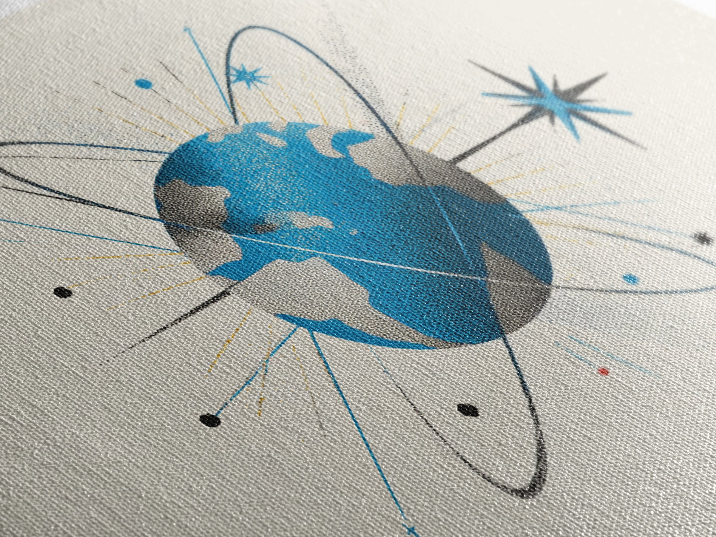 Atomic Blue Globe And Orbit Stars Wall Art, Midcentury Modern Space Poster, Retro Science Print, Cosmic Office Decor For MCM Home