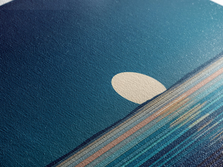 Minimal Full Moon Rising Over Calm Blue Sea Canvas Print, Modern Coastal Wall Art, Serene Ocean Poster For Bedroom Decor