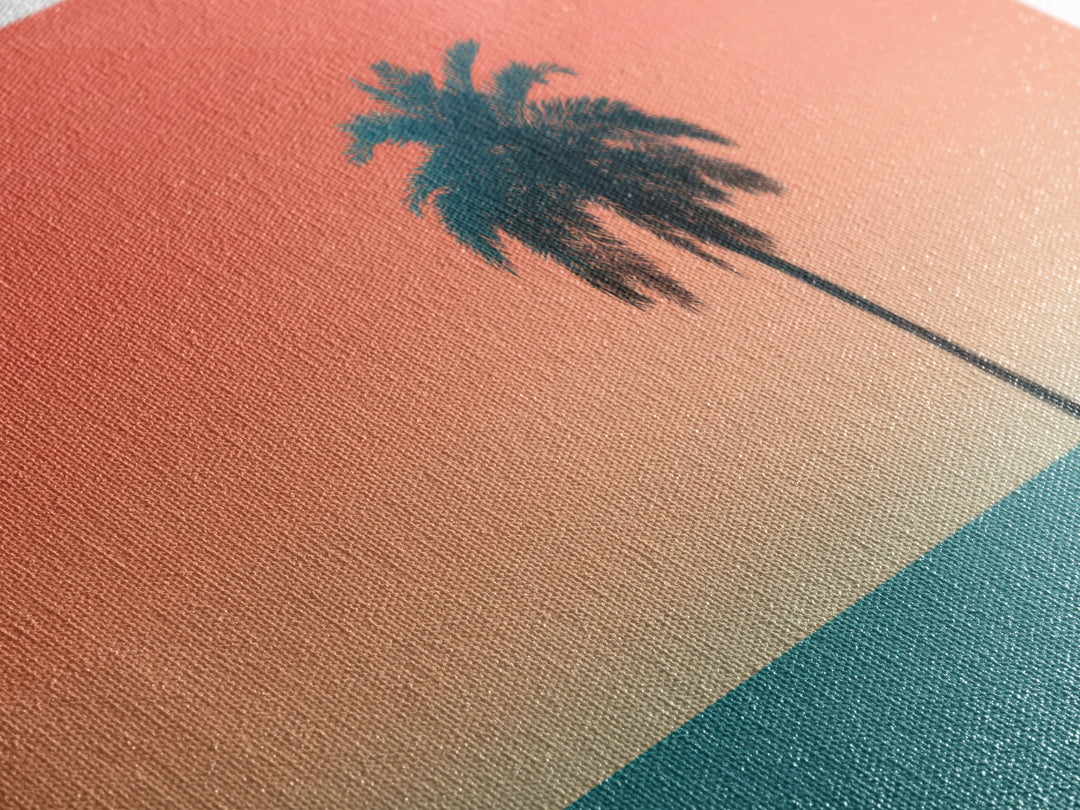 Minimal Palm Tree Shadow Wall Art, Modern Tropical Canvas Print, Teal Orange Sunset Decor, Palm Springs Home Art, Retro Wall Decor