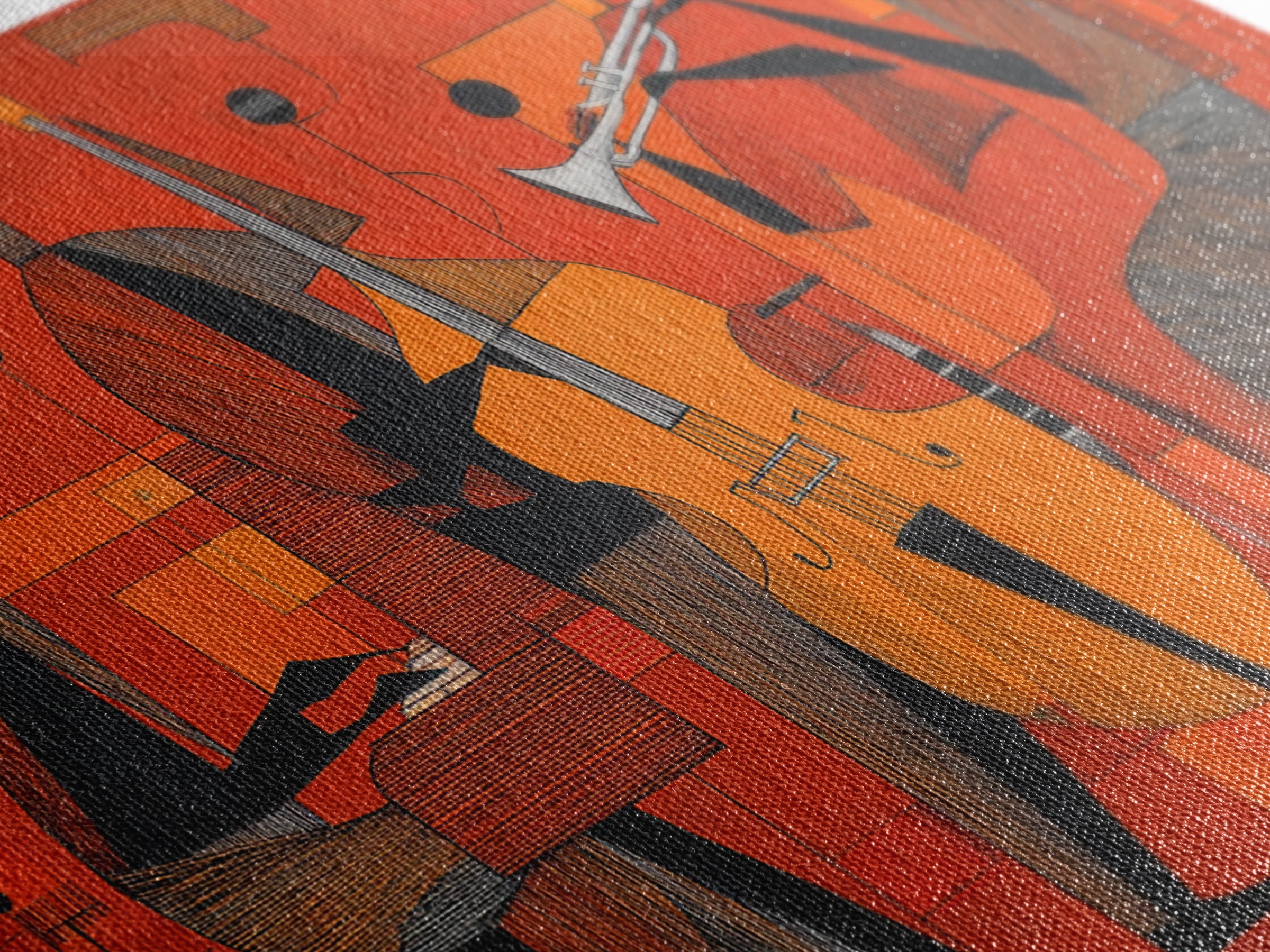 Orange Cubist Jazz Trio With Piano Bass And Trumpet Wall Art, Midcentury Modern Art Print, Atomic Music Room Retro Decor