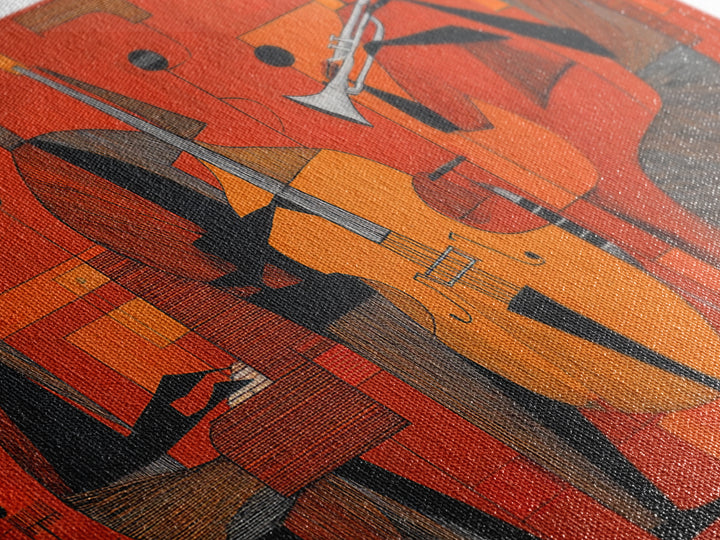 Orange Cubist Jazz Trio With Piano Bass And Trumpet Wall Art, Midcentury Modern Art Print, Atomic Music Room Retro Decor
