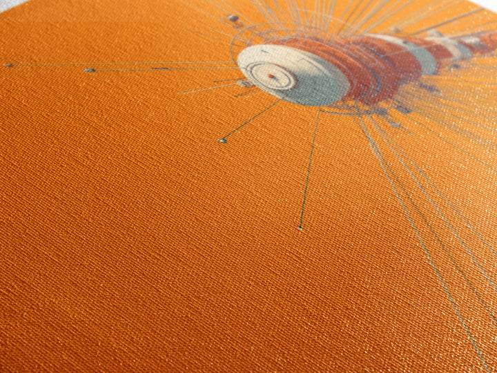 Orange Retro Space Satellite Canvas Print, Sputnik Inspired Antenna Wall Art, Modern Sci Fi Poster, Midcentury Decor Gift