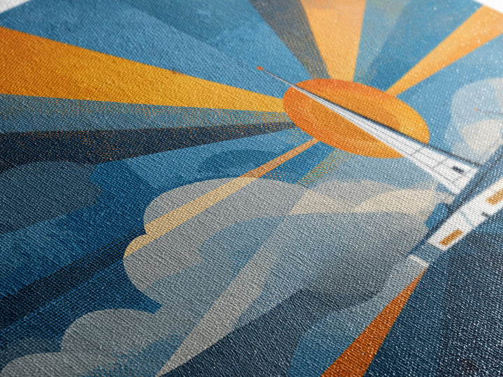 Midcentury Sailboat Sunset Wall Art, Blue Orange Ocean Rays, Retro Travel Poster, Modern Coastal Home Decor Canvas Print