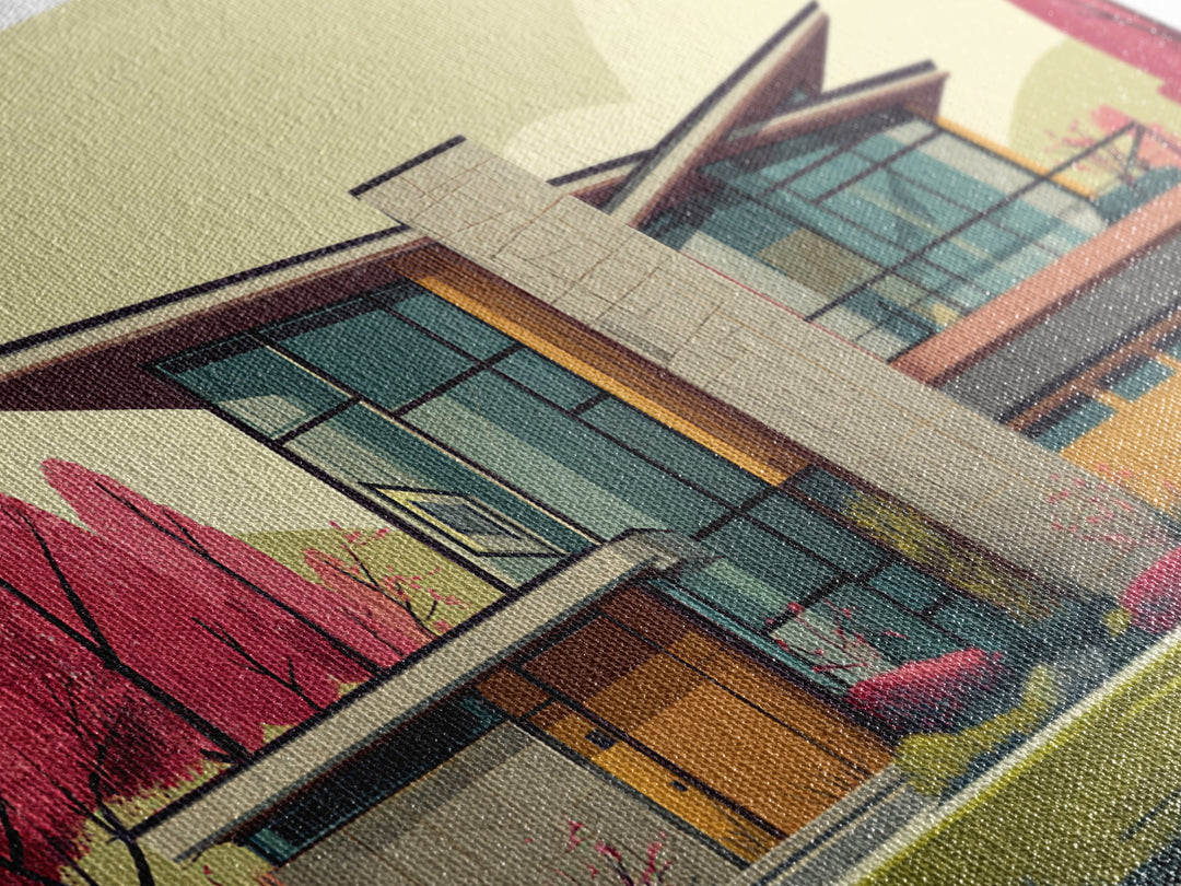 Angular Modern Home With Pink Trees Wall Art, Mid Century Modern Architecture Print, Colorful Retro Home Decor, MCM Poster