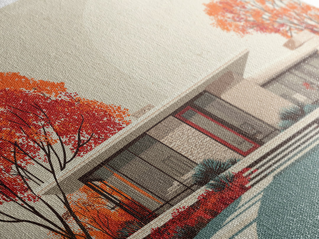 Autumn Mid Century House With Orange Trees Wall Art, Retro Modern Architecture Print, MCM Home Decor, Large Canvas Poster