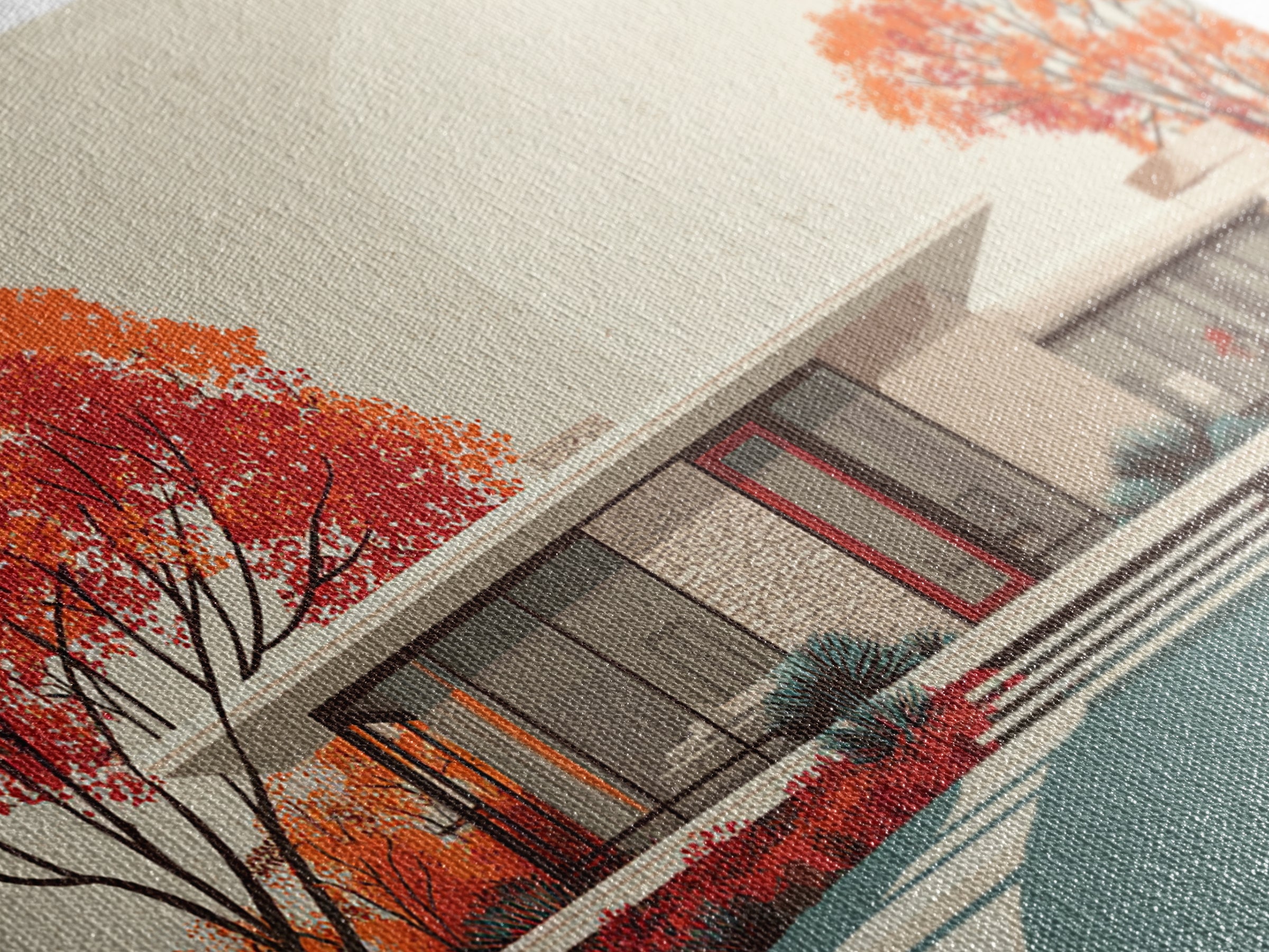 Autumn Mid Century House With Orange Trees Wall Art, Retro Modern Architecture Print, MCM Home Decor, Large Canvas Poster