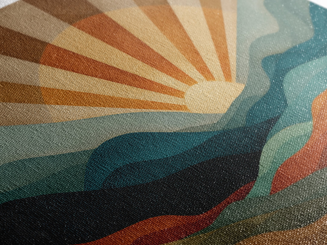 Layered Mountain Sunrise In Teal And Rust Canvas Print, Mid Century Modern Abstract Wall Art, Retro Boho Living Room Decor