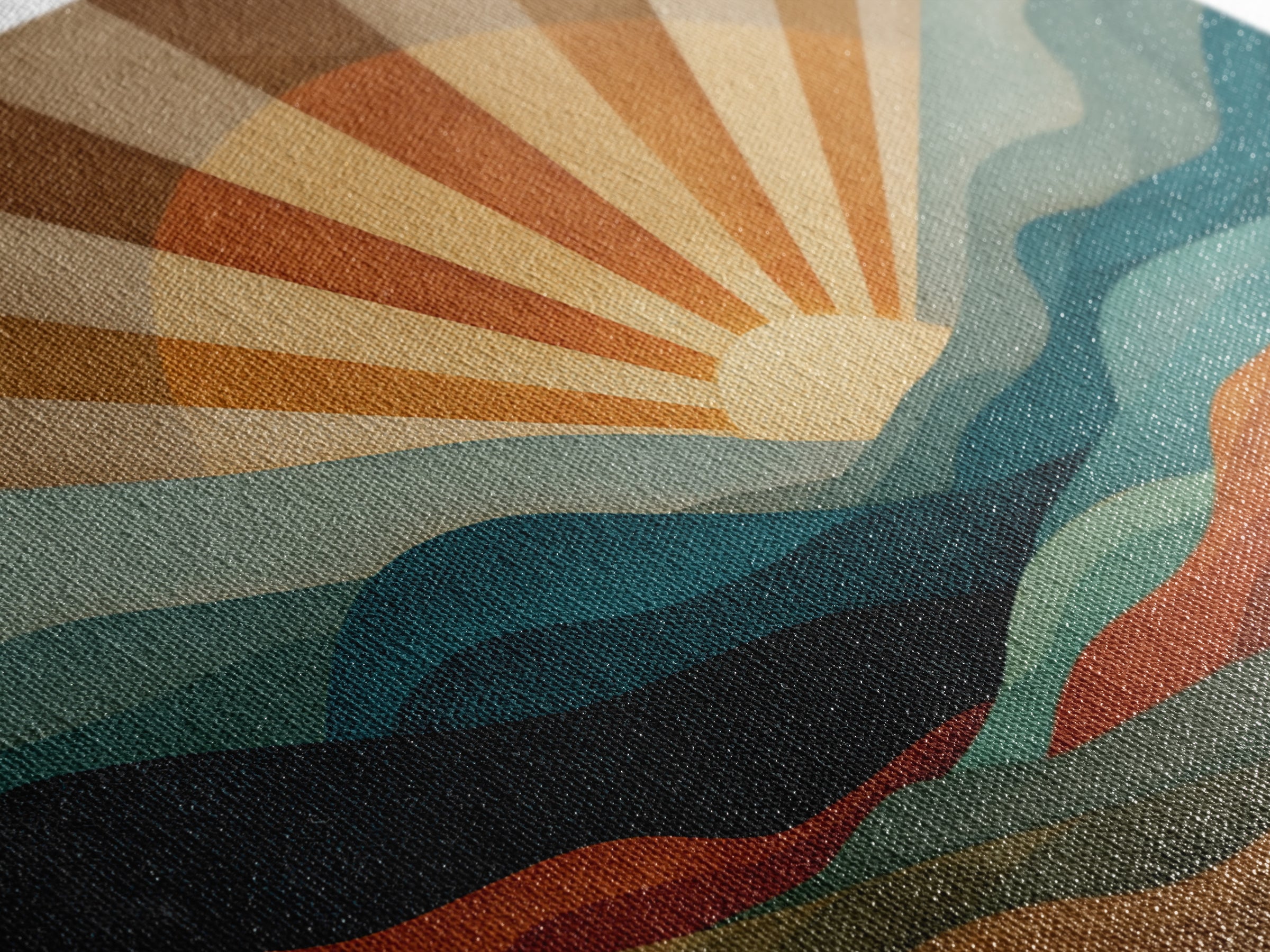 Layered Mountain Sunrise In Teal And Rust Canvas Print, Mid Century Modern Abstract Wall Art, Retro Boho Living Room Decor