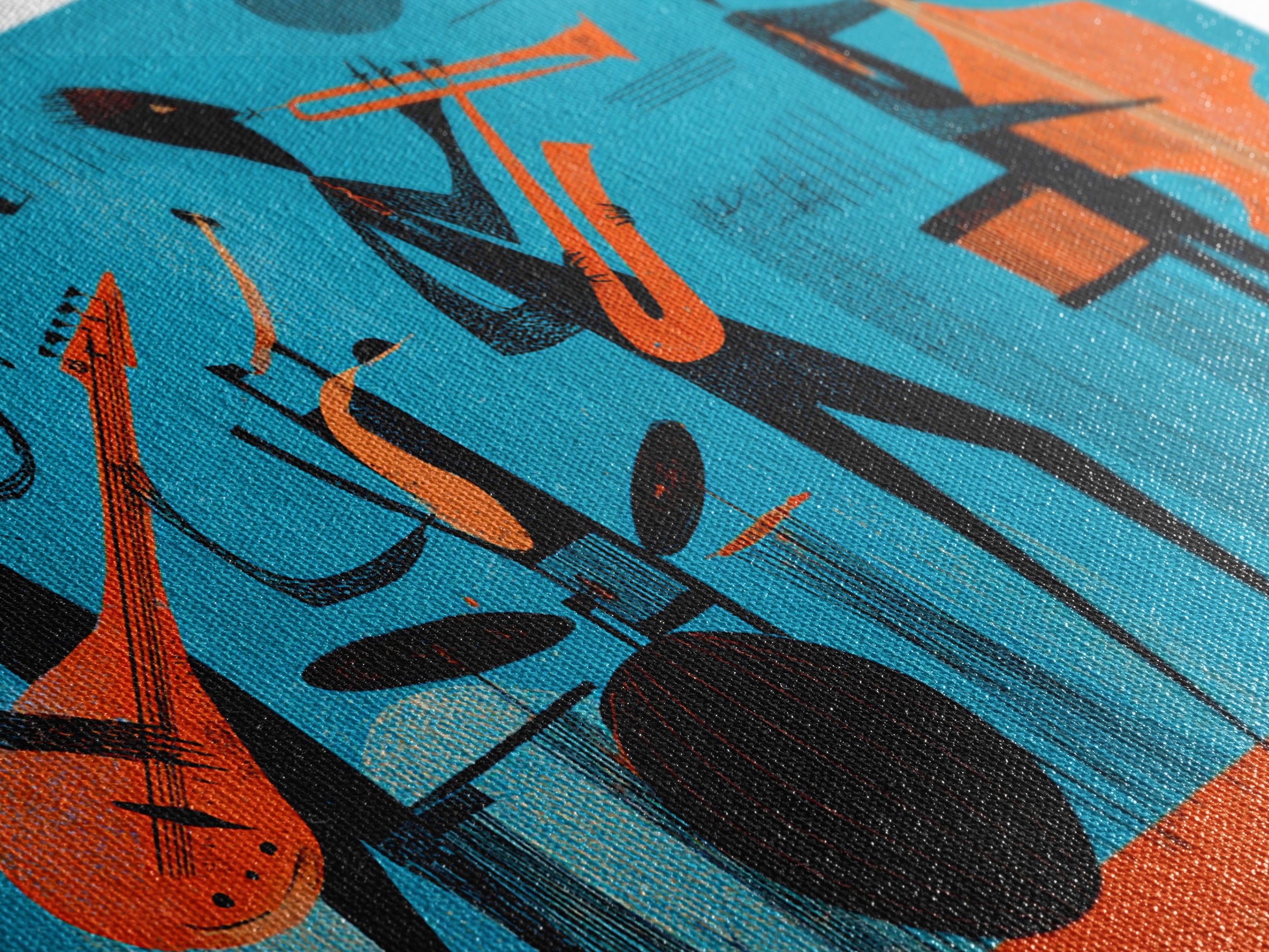 Teal Orange Midcentury Jazz Band With Drums And Bass Canvas Print, Atomic Modern Wall Art, Retro Music Room Decor, Poster