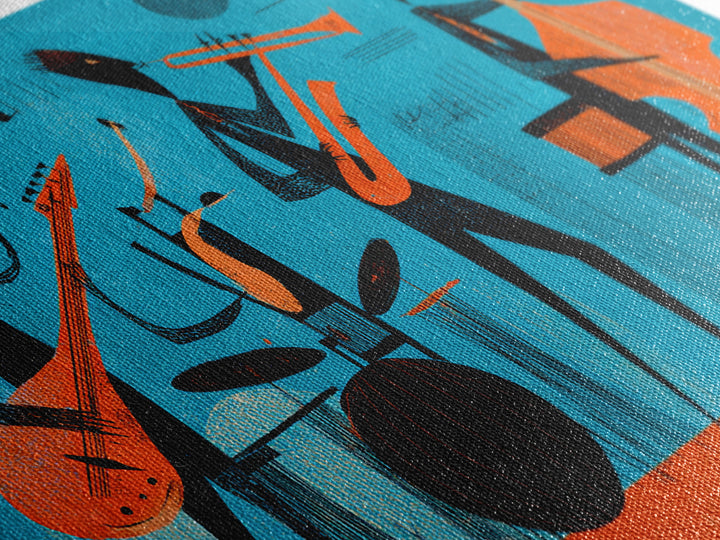 Teal Orange Midcentury Jazz Band With Drums And Bass Canvas Print, Atomic Modern Wall Art, Retro Music Room Decor, Poster