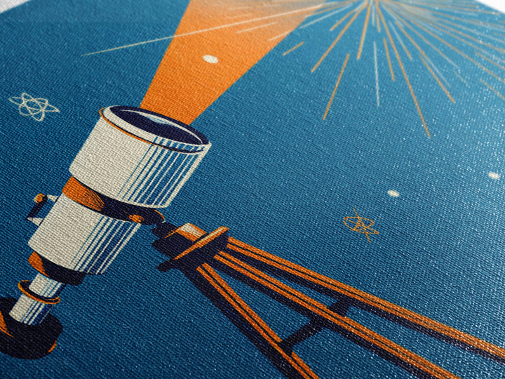 Mid Century Telescope Beam Wall Art, Atomic Space Illustration, Blue Orange Retro Poster For Modern Science Room Home Decor