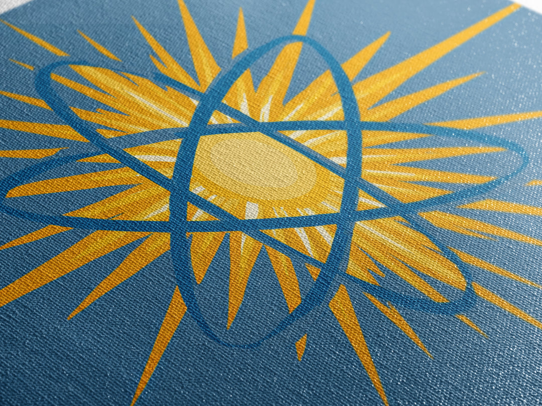 Blue Atom Sunburst Wall Art, Mid Century Modern Science Print, Atomic Geometric Poster For Office And Kids Room Home Decor