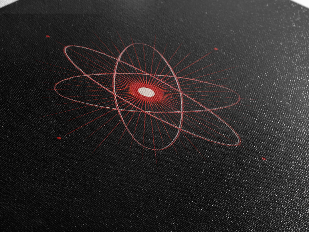 Red Atomic Orbit Canvas Print, Minimal Midcentury Science Poster, Black Space Wall Decor, Geometric Modern Abstract Art Print