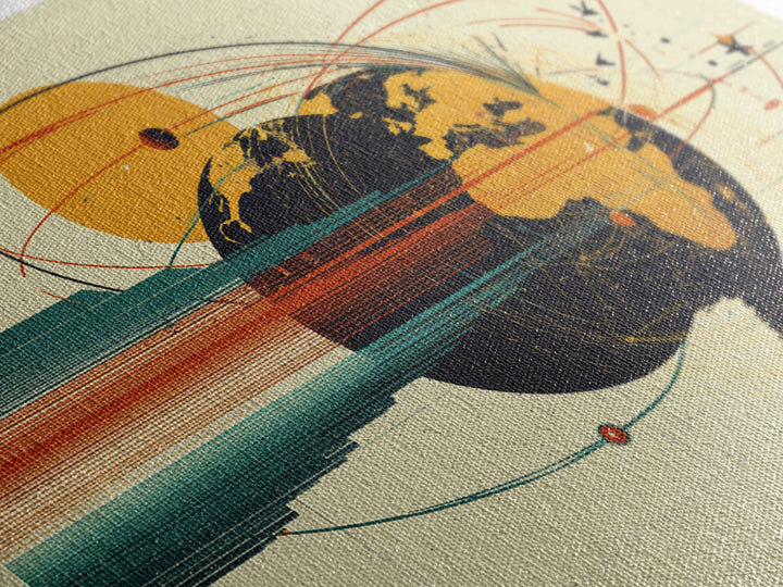 Retro Globe Orbit Wall Art, Midcentury Modern Map Poster, Orange Sun Abstract Geometric Print, Stylish MCM Home Office Decor