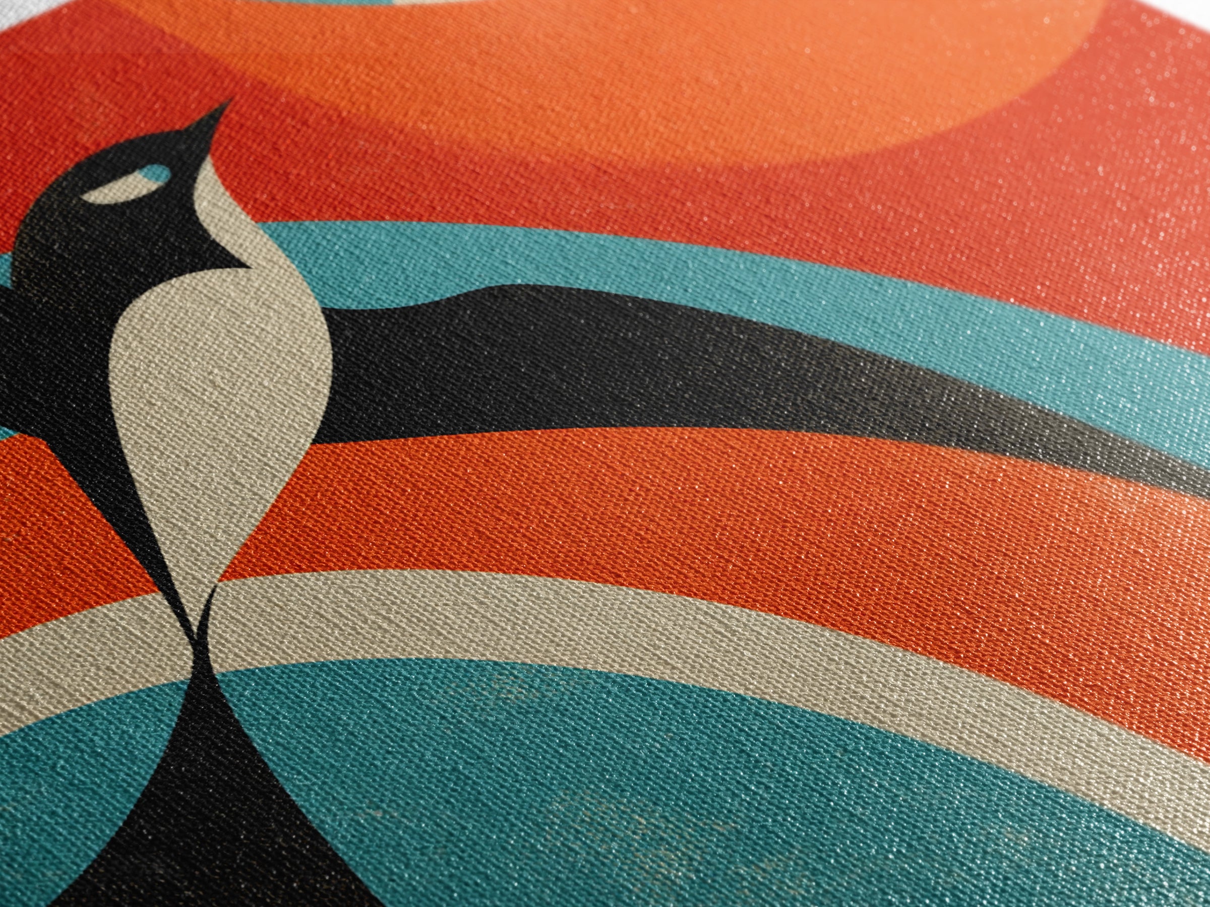 Modern Penguin Bird With Red Sun Canvas Print, Mid Century Modern Wall Decor, Retro Geometric Poster, Colorful Nursery Art