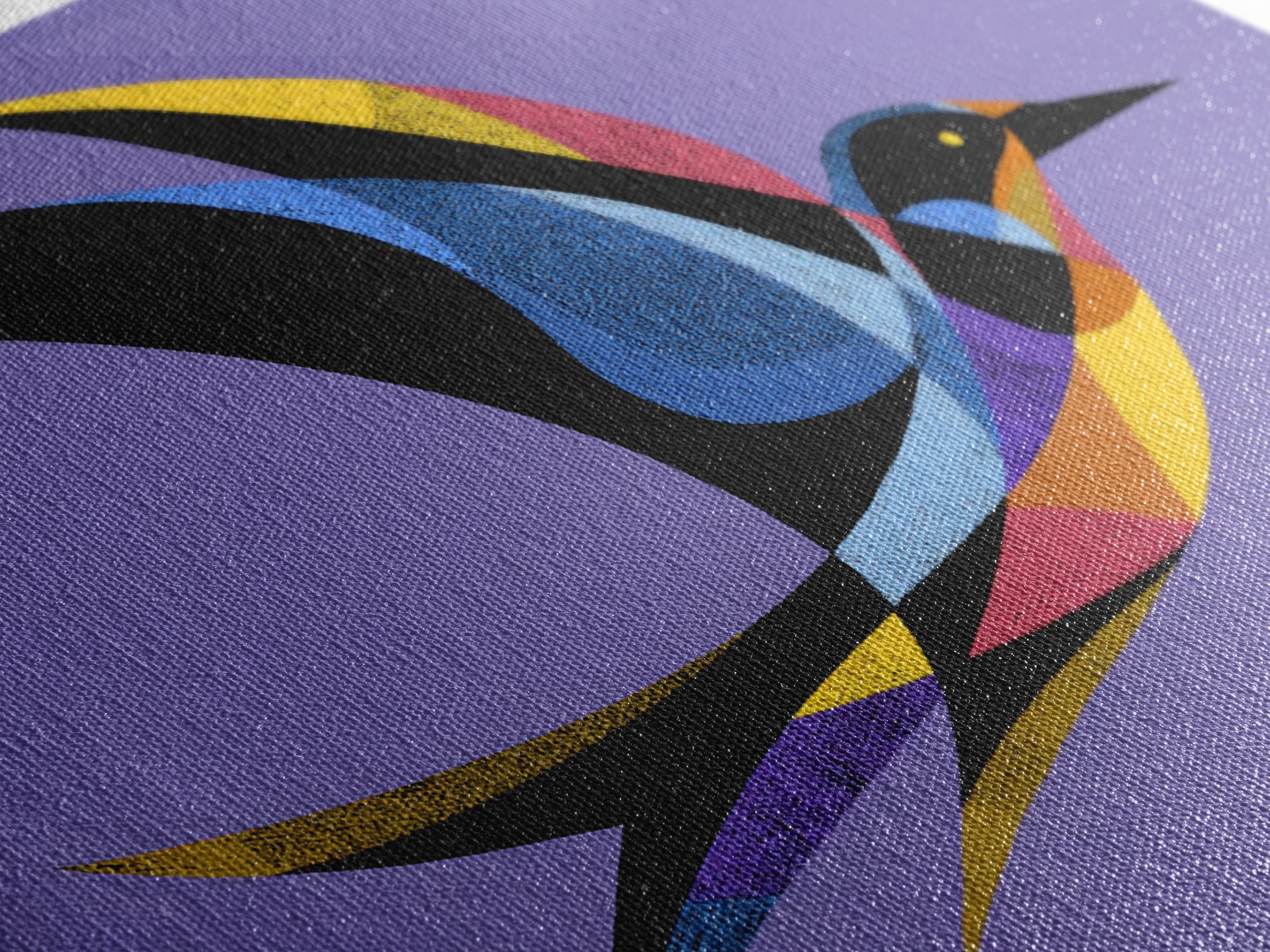 Colorful Swallow Bird On Purple Framed Canvas Print, Mid Century Modern Wall Art, Retro Atomic Decor, Geometric Art Print