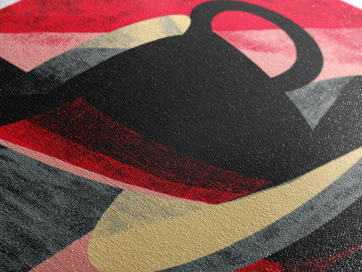 Black Coffee Cup On Pink Red Abstract, Wall Art, Modern Kitchen Poster, Retro Cafe Print, Bold Geometric Home Decor Gift