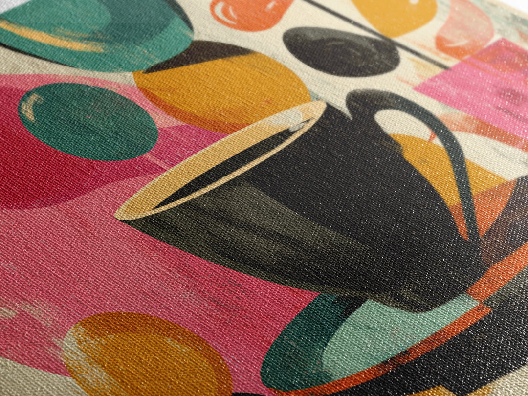 Black Coffee Cup With Pink Circles, Midcentury Modern Wall Art, Retro Cafe Poster, Abstract Botanical Shapes Home Decor Print