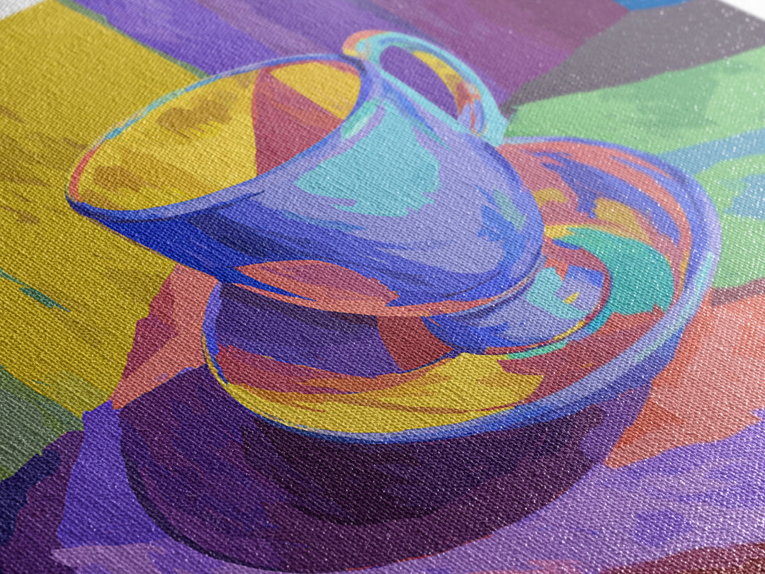 Rainbow Blue Teacup Still Life, Framed Canvas Print, Colorful Modern Wall Art, Retro Kitchen Poster, Bright Home Decor Gift