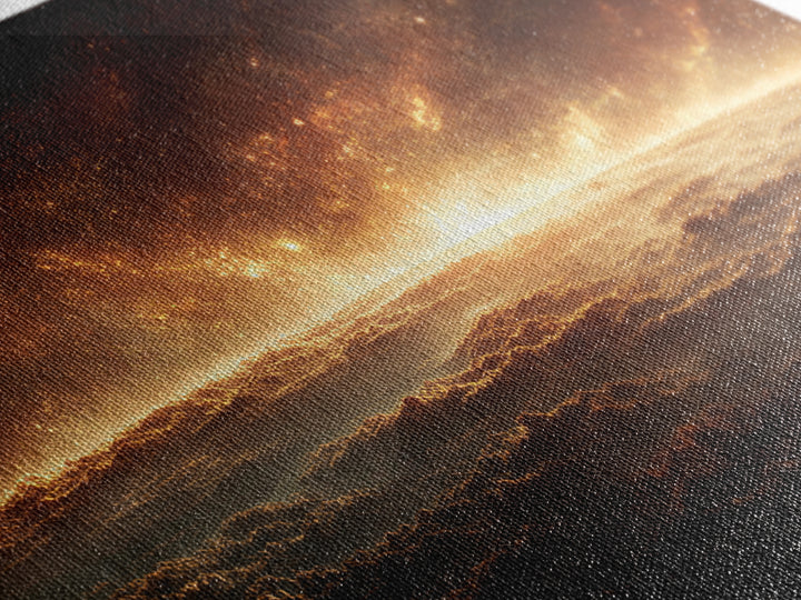Golden Cosmic Horizon Framed Canvas Print, Space Abstract Art, Starry Cloudscape Wall Decor, Modern Wall Art For Bedroom