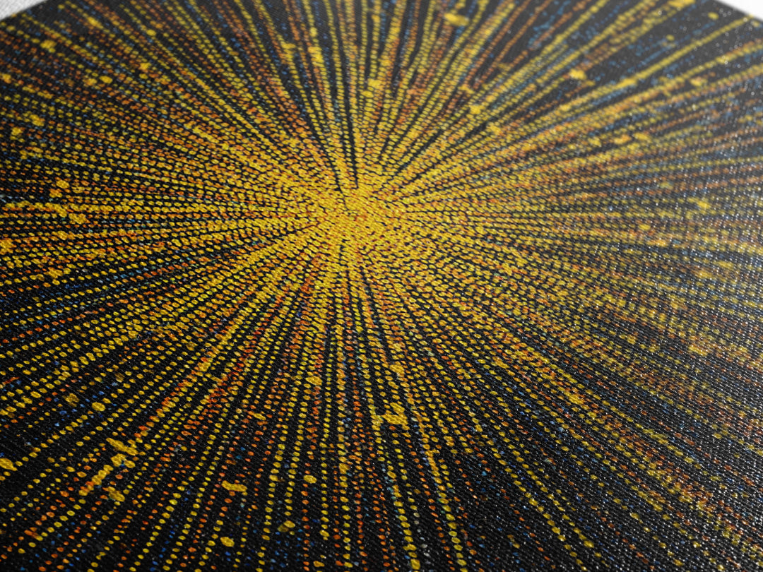 Radiant Yellow Dotted Starburst Canvas Print, Modern Abstract Art, Cosmic Retro Wall Art, Bold Geometric Decor For Home Office