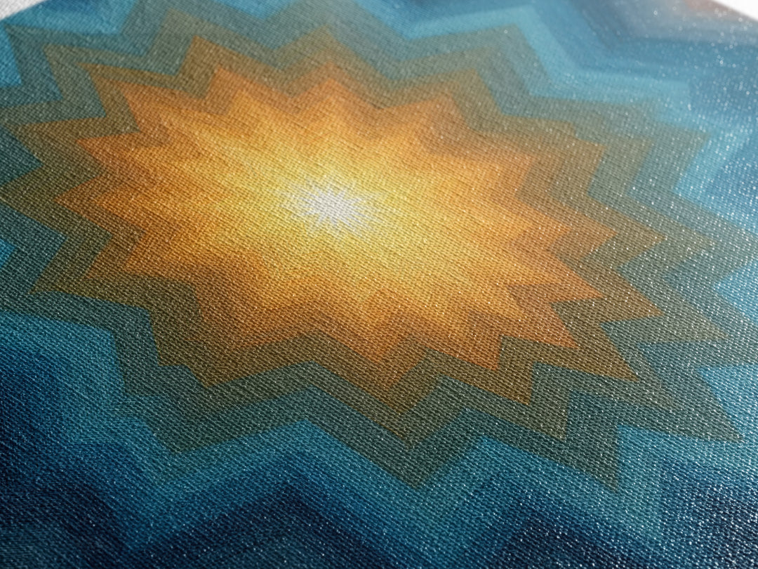 Teal And Orange Geometric Mandala Starburst Canvas Print, Midcentury Modern Wall Art, Atomic MCM Home Decor For Living Room