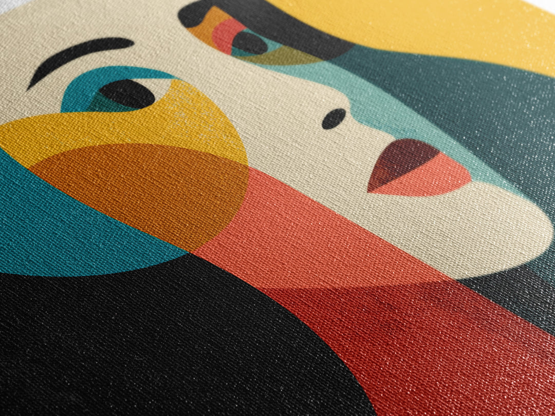 Geometric Minimal Woman Portrait Canvas Print, Midcentury Modern Wall Decor, Teal Orange Abstract Art, Retro MCM Home Decor