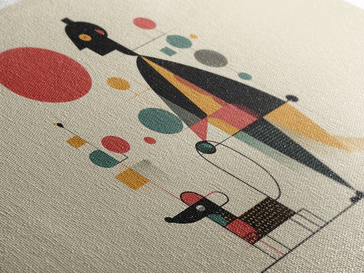 Whimsical Abstract Figure With Dog Canvas Print, Midcentury Modern Wall Art, Atomic Circles, Retro MCM Nursery Office Decor