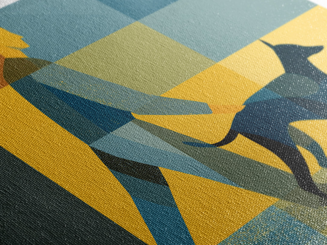 Man Walking Dog Color Block Wall Art, Midcentury Modern Print, Retro Geometric Poster, Blue Yellow Living Room Home Decor