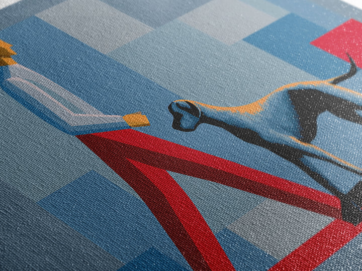 Stylish Man Walking Grey Dog Wall Art, Midcentury Modern Canvas Print, Blue Red Geometric Decor, Masculine Office Artwork