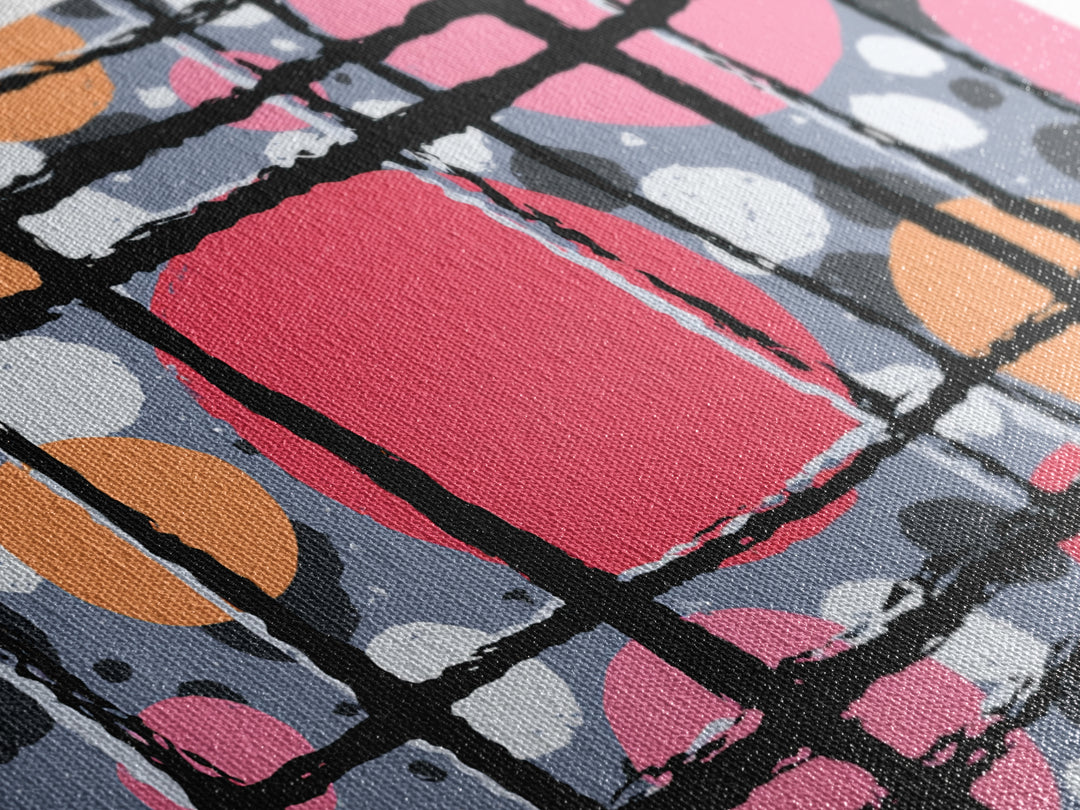 Pink Orange Wavy Grid Wall Art, Playful Abstract Circles Canvas Print, Retro Modern Geometric Decor For Dorm Office Or Studio