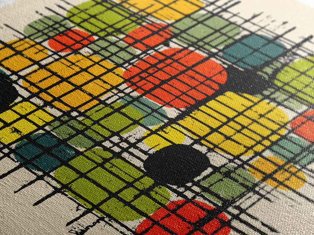 Colorful Grid Abstract Painting, Midcentury Modern Wall Art, Geometric Shapes Poster, Retro MCM Home Decor Canvas Print Gift